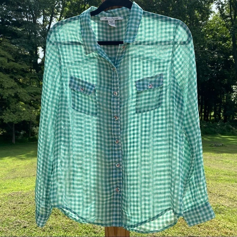 American Rag chiffon‎ style lightweight button front - and back gingham blouse